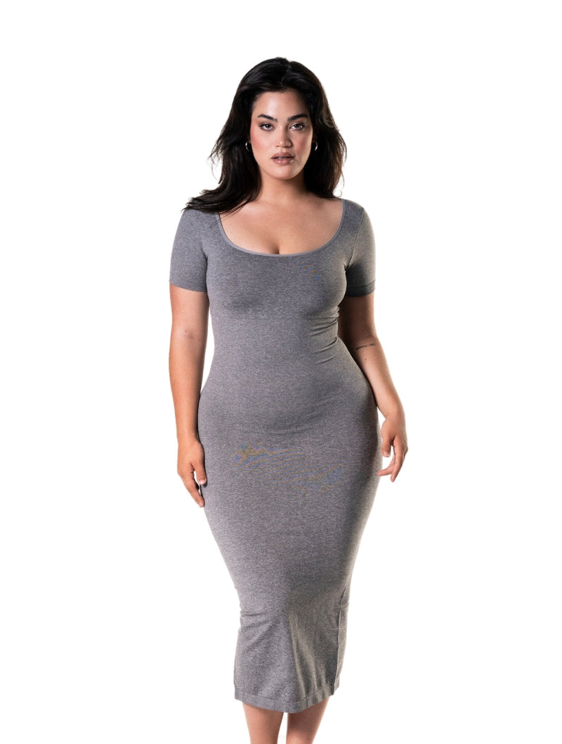 Body Modelador Midi Vestido com Fenda e Mangas Curtas
