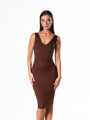 Vestido midi sem costura com decote em V profundo